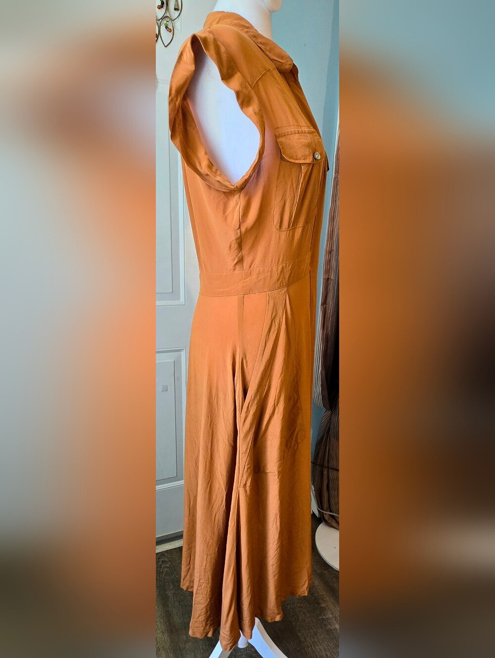 Broadway & Broome 100% Silk Safairi Shirt Midi Dress Women's 4 Terracotta Pocket - Picture 5 of 13